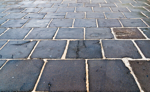 The rectangular stone tiled wet the pavement