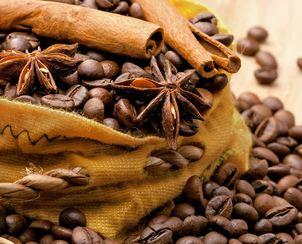 stock image Coffee beans, cinnamon and anise in a bag