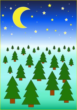 In winter the spruce forest at night stars shine and the moon