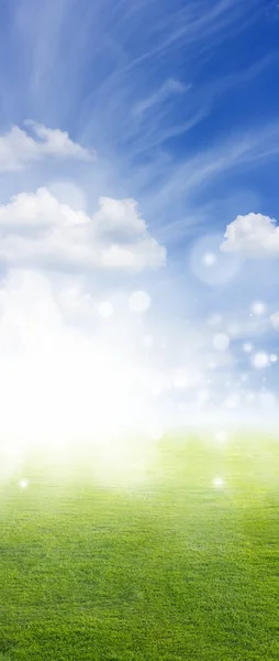 Grönt fält, vita moln, blå himmel och strålande sol — Stockfoto