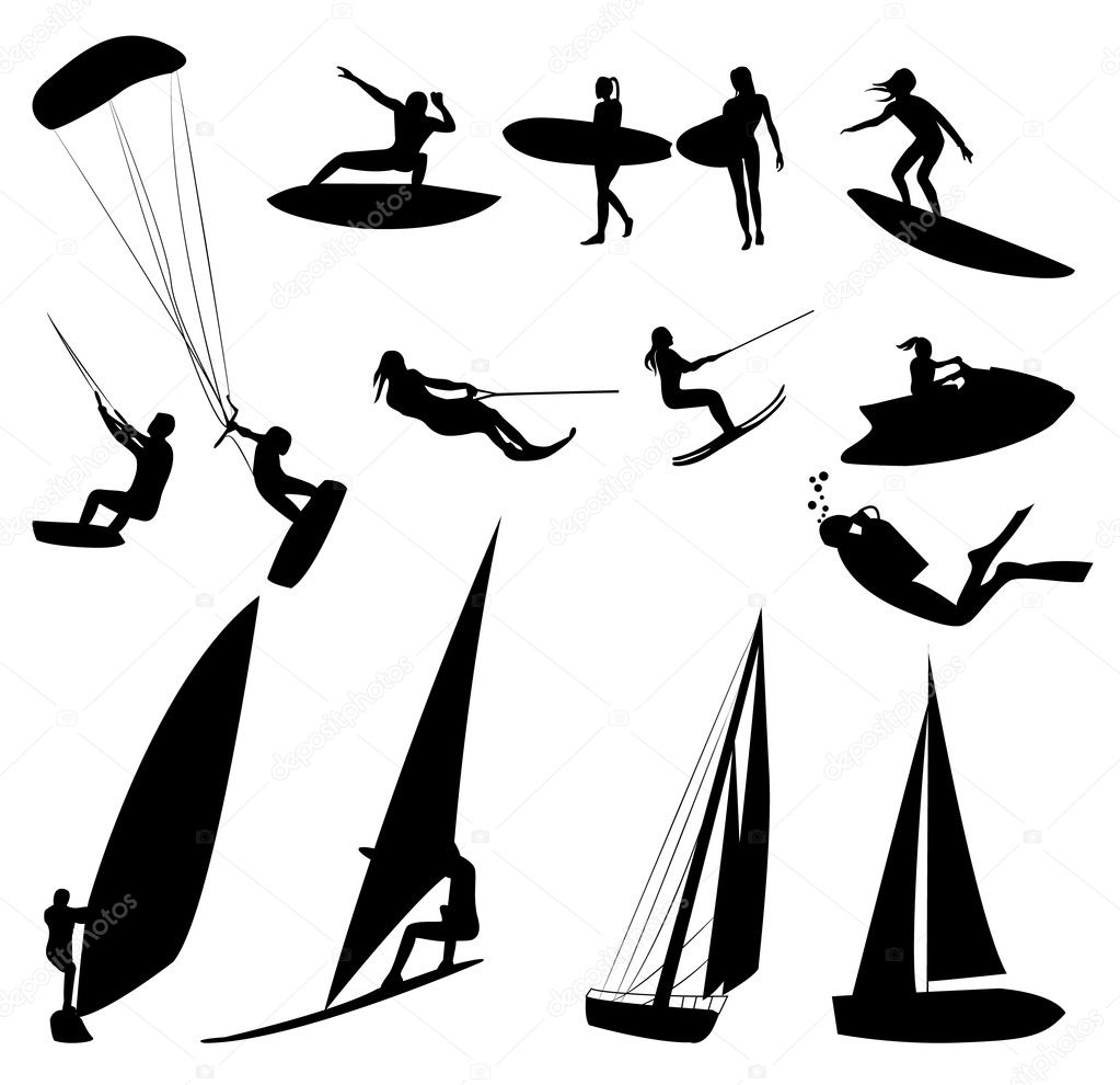 Silhouettes of water sports