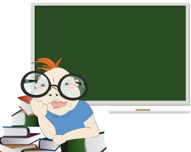 Boy with books and blackboard behind him clipart