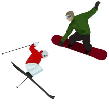 kayakçı ve üzerinde beyaz izole snowboarder