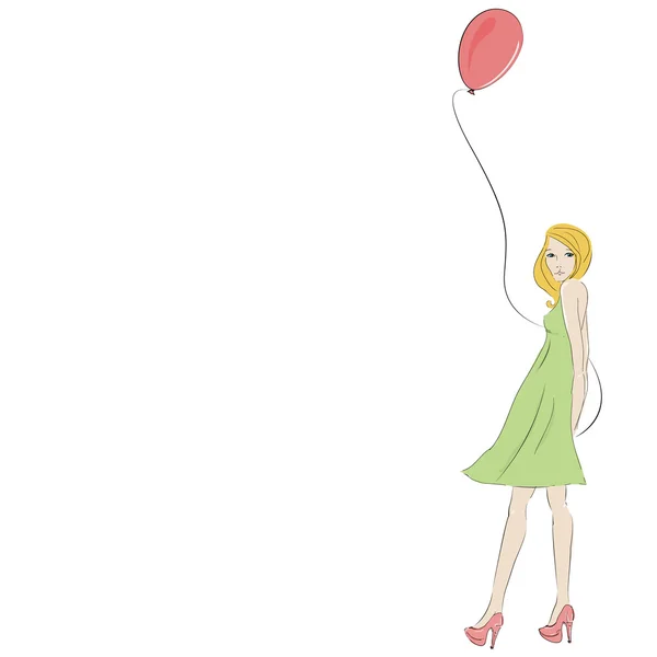 Mooie blonde jonge vrouw met roze ballon — Stockvector