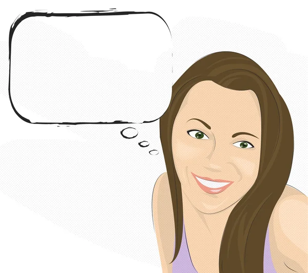 Chica sonriente con burbuja de texto, estilo cómico, en blanco . — Vector de stock