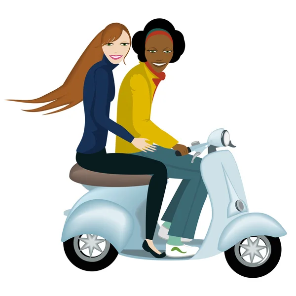 Two happy friends(female) riding scooter — Stock Vector