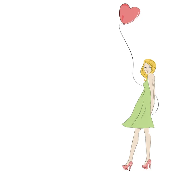 Vacker blond ung kvinna med hjärtat ballong — Stock vektor
