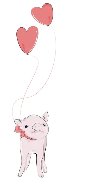 Adorable cerdito mascota, con globos del corazón flotando por encima de ella — Vector de stock