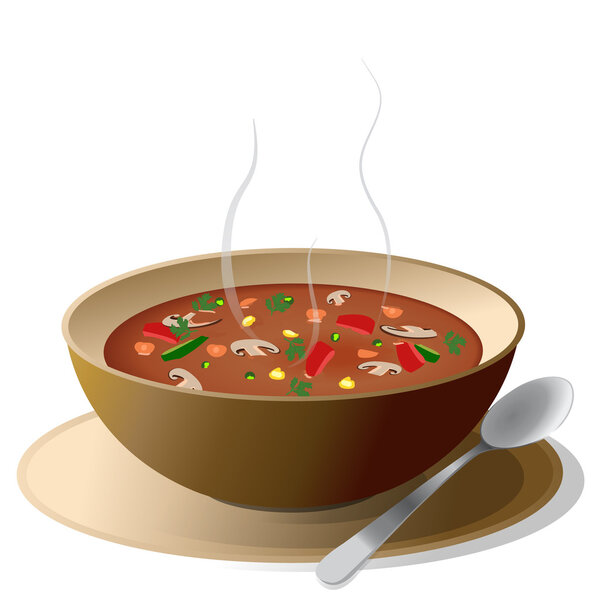 Bowl of hot soup on plate