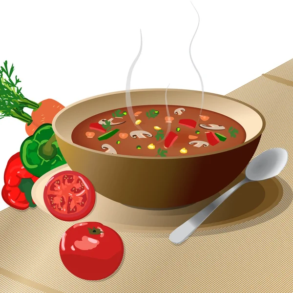 Schüssel mit heißer Gemüsesuppe auf Teller — Stockvektor