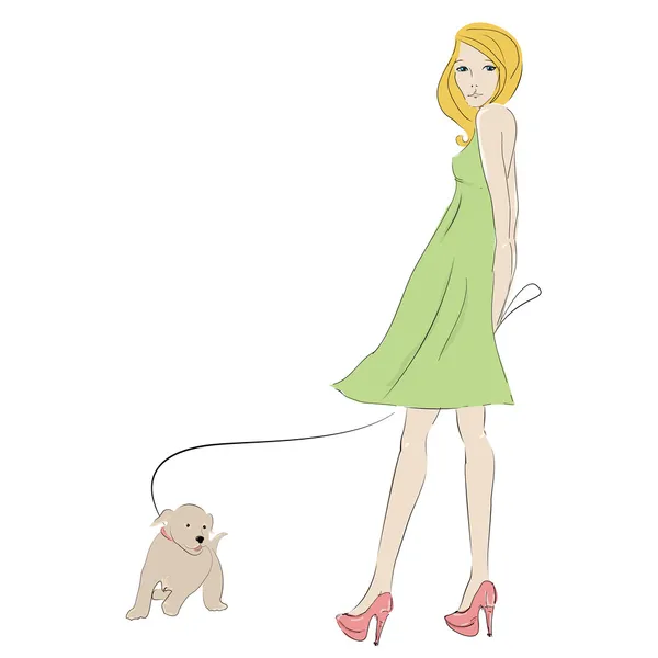 작은 강아지와 함께 아름 다운 금발의 젊은 여자 — 스톡 벡터