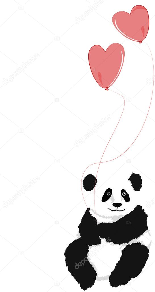 Panda sitting with 2 heart balloons