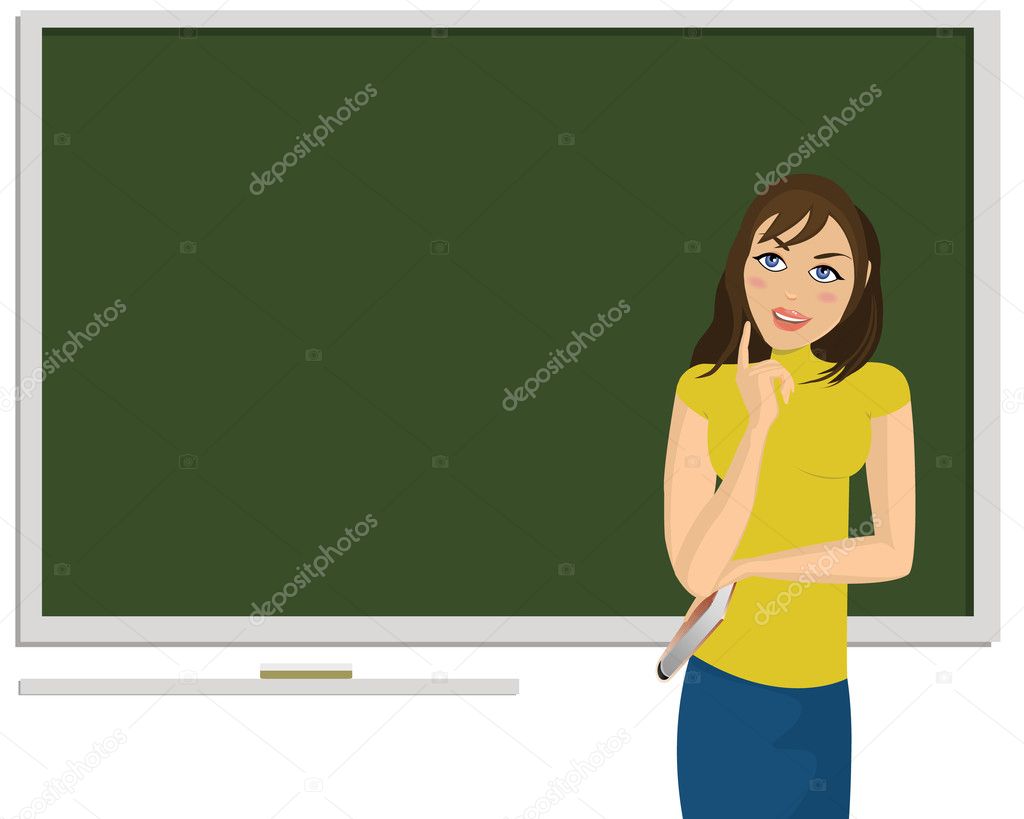 Young woman with blackboard behind her