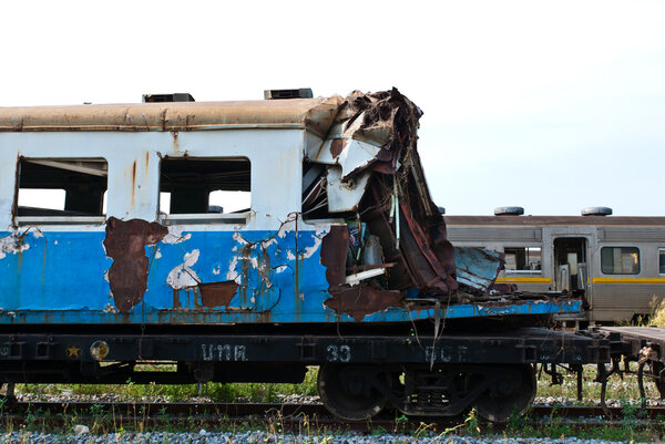 A wreckage of crashed or damaged train taken from train yard