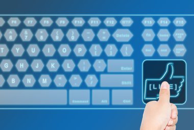 Hand pressing a large LIKE virtual keyboard botton clipart