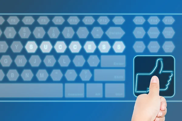 Hand pressing a large LIKE virtual keyboard botton — Stock Photo, Image