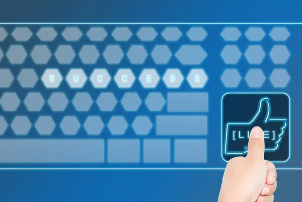 Hand pressing a large LIKE virtual keyboard botton — Stock Photo, Image