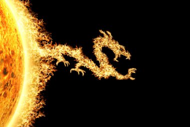 Fire dragon from the Sun heading towards the right clipart