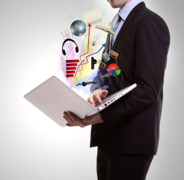 Business man with laptop clipart