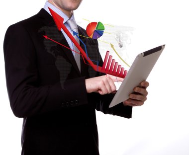 Business man using a touch screen device clipart