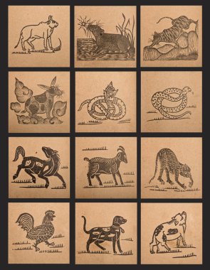 Vintage paper of 12 Chinese zodiac signs clipart