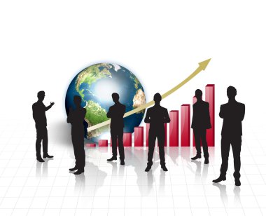 Silhouettes of business on world map with red graph and earth clipart