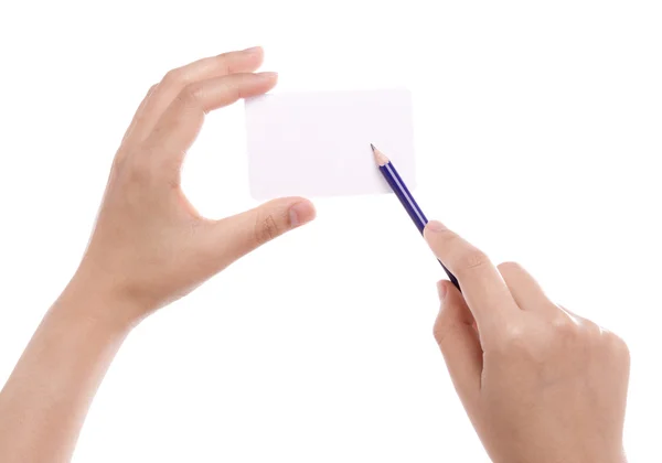 Cartão de mão e lápis — Fotografia de Stock
