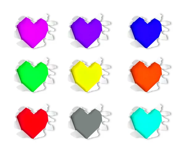 Разноцветное отверстие в форме сердца через бумагу — стоковое фото