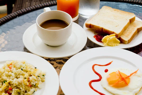 Breakfast - fried rice,soup,toast,egg — Stock Photo, Image