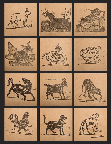 Vintage paper of 12 Chinese zodiac signs — Stock Photo, Image