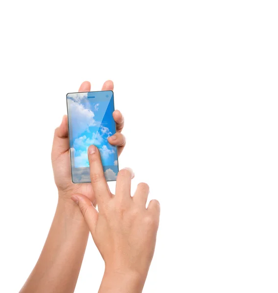 Ручний тримач хмарних обчислень сенсорний екран мобільного телефону — стокове фото