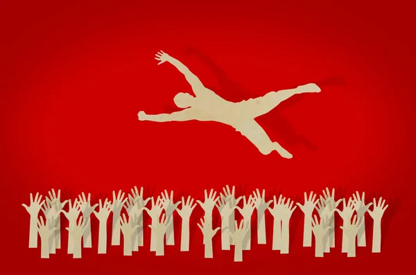 Paper cut of man jump over jubilant crowd — Stock Photo, Image