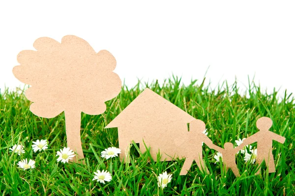 Papír řez rodiny s domem a strom na svěží jarní zelená — Stock fotografie