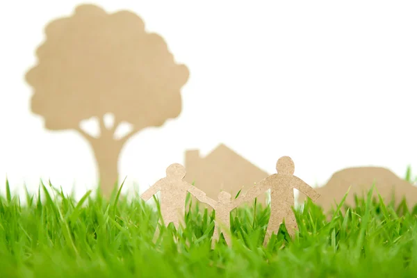 Paper cut of family with house ,treeand car on fresh spring gree — Stock Photo, Image
