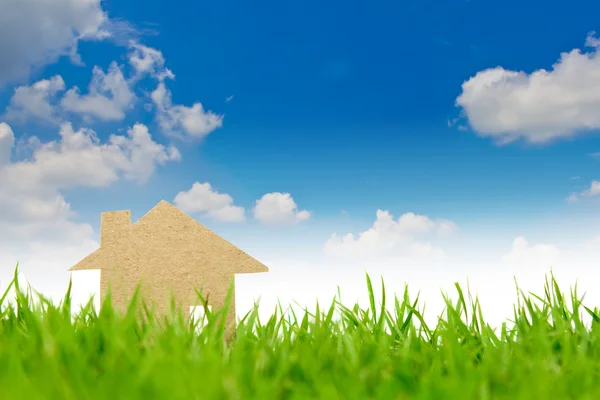 Паперовий зріз будинку на свіжій весняно-зеленій траві — стокове фото