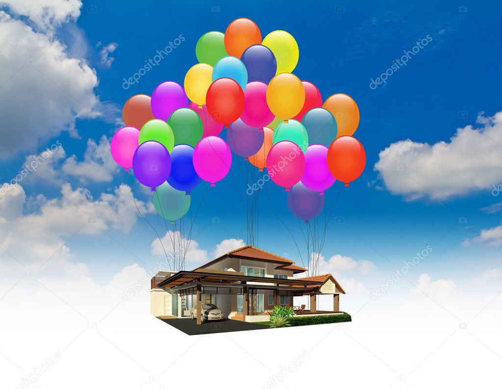 A house lifted by Balloons