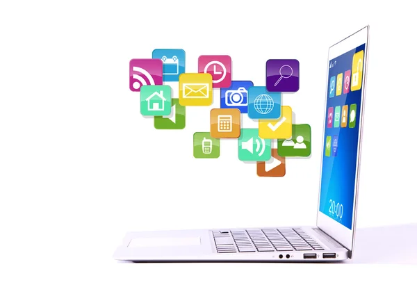 다채로운 응용 프로그램 아이콘이 흰색 backgro에 고립 된 노트북 — 스톡 사진