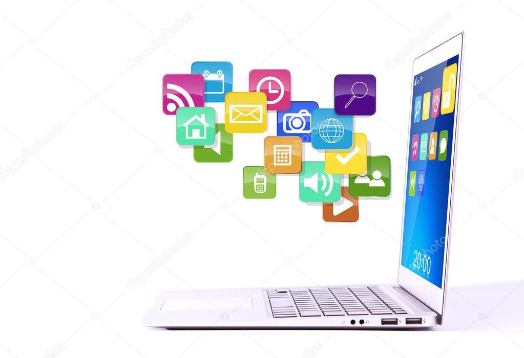 Laptop with colorful application icons isolated on white backgro