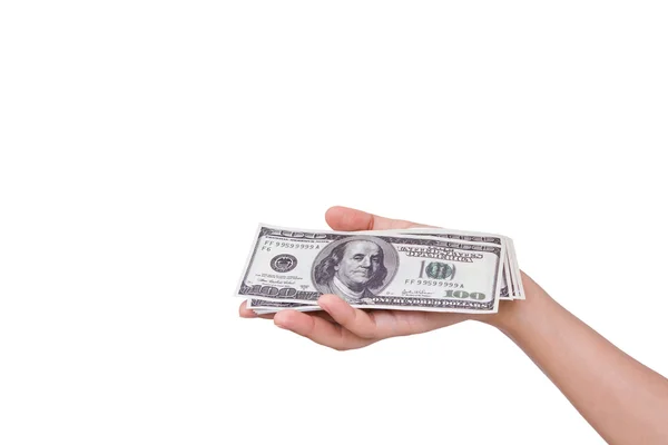 Руки держат доллары изолированы на белом фоне — стоковое фото