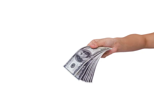 Mãos segurando dólares isolados no fundo branco — Fotografia de Stock