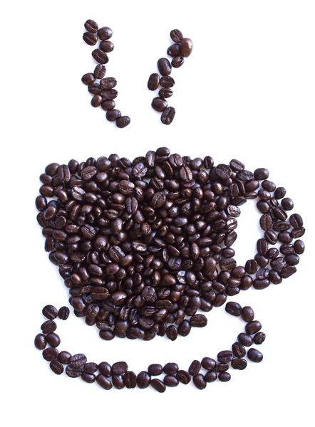 Close up of coffee beans cup shape on white background with copy — Stock Photo, Image
