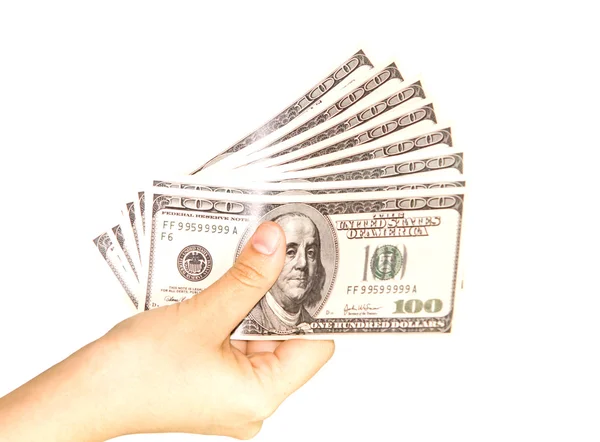 Manos sosteniendo dólares aislados sobre fondo blanco —  Fotos de Stock