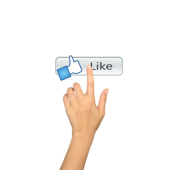 Hand pushing a Like button on a touch screen interface — Stock Photo, Image