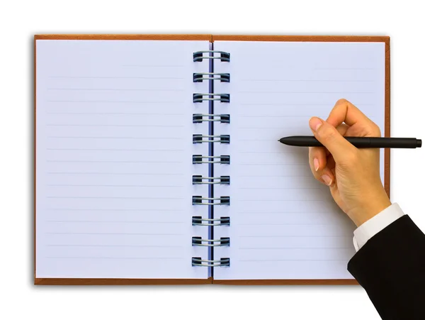 Χέρι γραπτώς Ανοίξτε το σημειωματάριο, απομονωμένα σε λευκό — Φωτογραφία Αρχείου