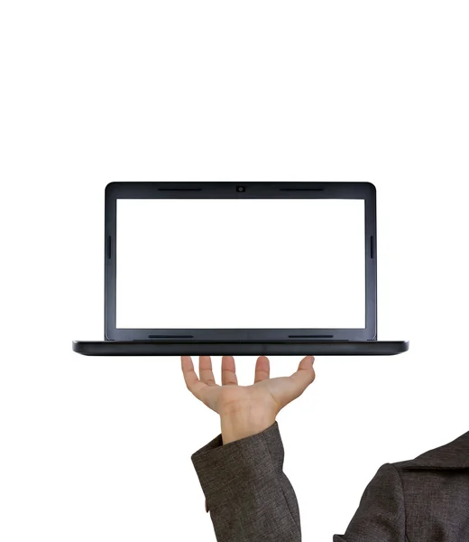 Χέρι κρατά το laptop στα δάχτυλά ως ένα δίσκο — Φωτογραφία Αρχείου