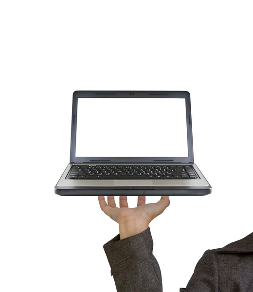 Hand holds the laptop on fingers as a tray — Stock Photo, Image
