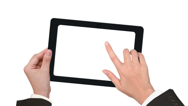 Mano sosteniendo un touchpad pc con pantalla blanca —  Fotos de Stock