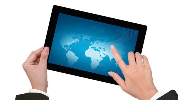Hand hält einen Touchpad-PC mit weißem Bildschirm — Stockfoto