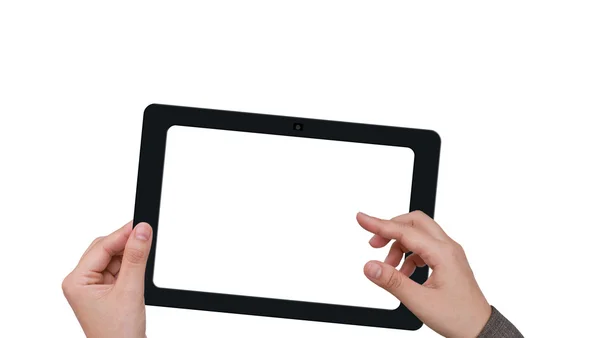 Mão segurando um touchpad pc com tela branca — Fotografia de Stock