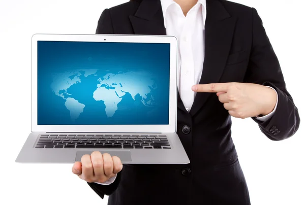 Näringsidkare som håller en öppen laptop isolerad på vit ba — Stockfoto